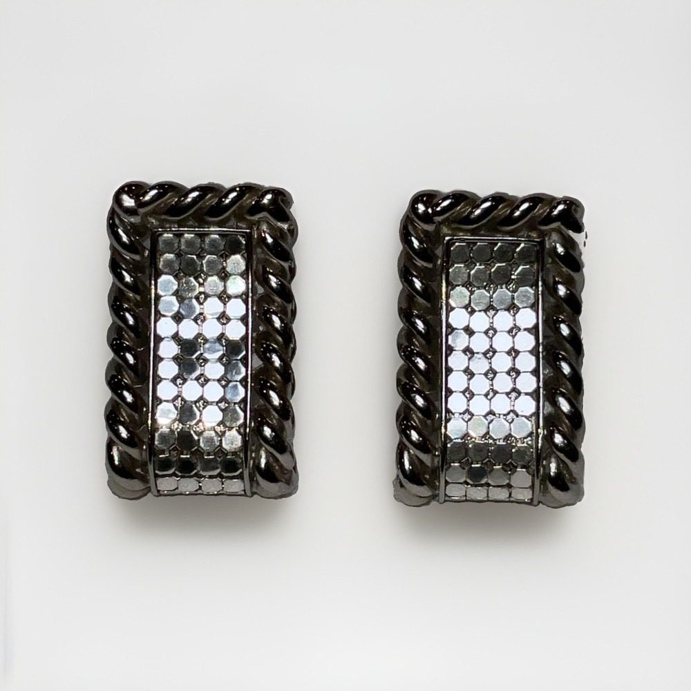 Vtg Whiting Davis Pierced Earrings Silver Tone Braced Mesh With Rope Scroll Rare